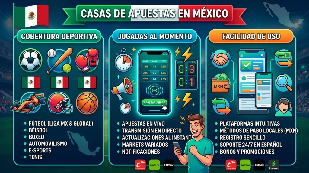 Casas de apuestas en México: cobertura deportiva, jugadas al momento y facilidad de uso