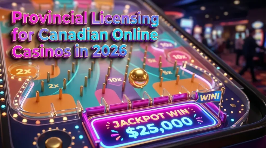 Golden Plinko ball above glowing jackpot slot, representing Canadian provincial licensing.