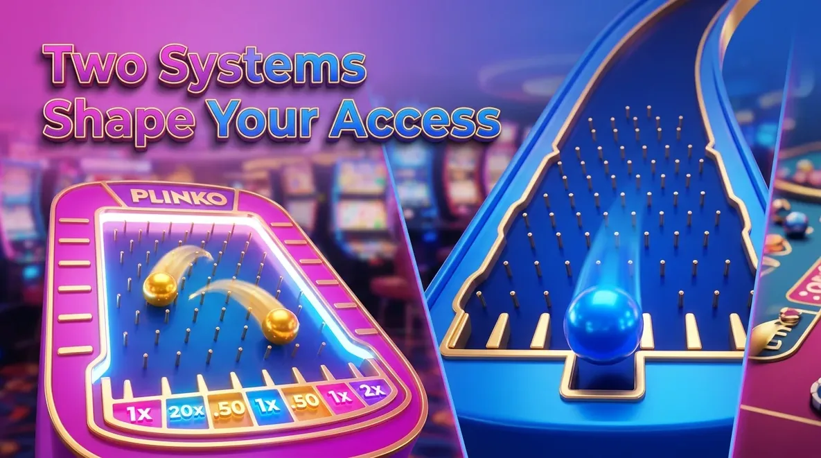 Dual Plinko boards with distinct balls, illustrating two systems for casino access.